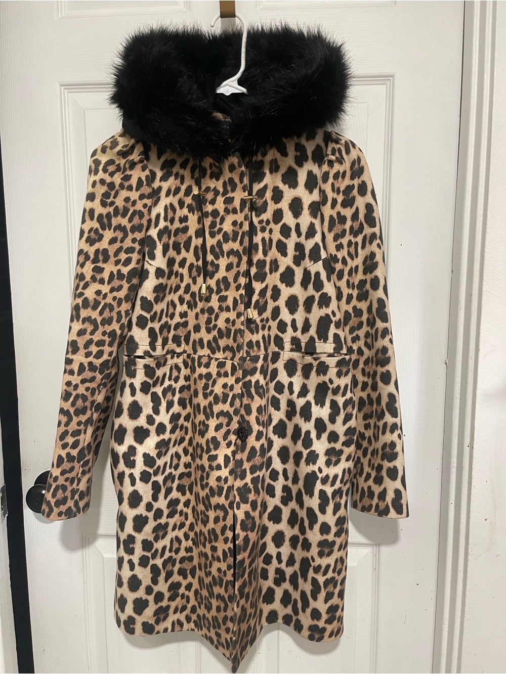 Zara Leopard Print Pea Coat with Black Faux Fur Hood